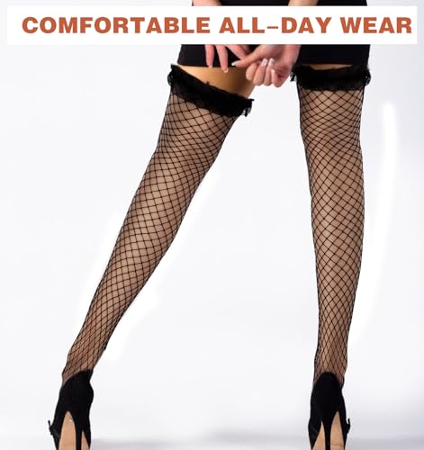 Image of Fishnet Thigh Highs, Black Fishnet Stockings for Women Thigh High, over the Knee Tights - One Size Fits Heights 5'9 inch to 6'9 inch (150-175 cm), Black