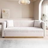 mikibama Modern Velvet Loveseat Sofa, 78 Inch Channel Tufted Sofa Couch, Luxury 3 Seater Couch with 2 Pillows and Gold Metal Legs for Living Room, Bedroom, Apartment (Beige)