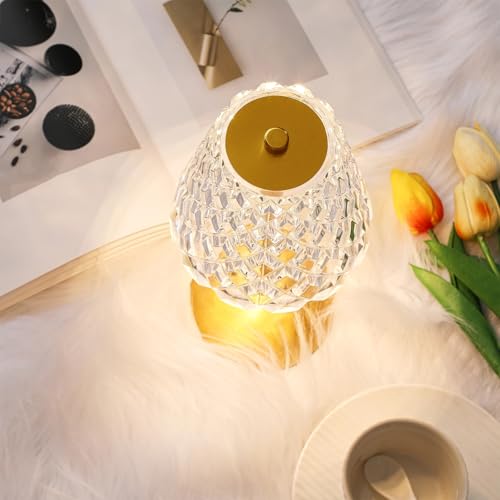 Image of Liliful 1 Pcs Cordless Table Lamp Rechargeable Touch LED Small Gold Portable Battery Operated USB-c Desk Lamp 3 Color Dimmable for Bedroom Living Room Dining (Gold,Diamond Style)