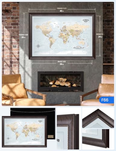 Image of IPIC - Custom Framed world map wall art, Push Pin Map Decor to Mark Travels, Personalized Artwork with Names and Message on, Oversize World Travel Map Print for Home, Office, Study, and RV