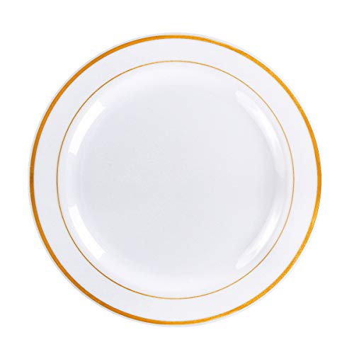 Gold Plastic Plates, MCIRCO 100 Pieces Disposable Party Plates for Weddings, Premium Gold Rim Plates, Include 50 10.25 Inch Dinner Plates and 50 7.5 Inch Dessert Appetizer Plates
