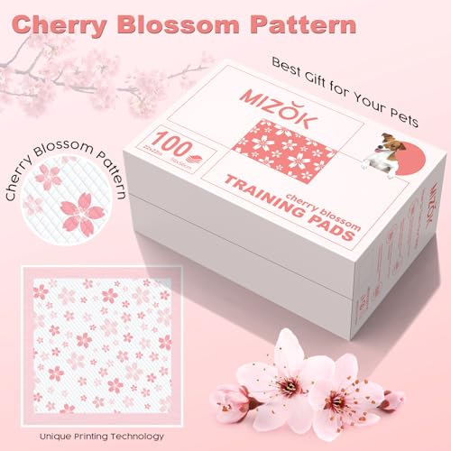 Image of MIZOK Puppy Pads Pink 22x22in, Ultra Absorbent Wee Wee Pads with Pheromone Attractant, Decorative Cherry Blossom 6-Layer Leak-Proof Potty Training Pads, Disposable (100 Count)