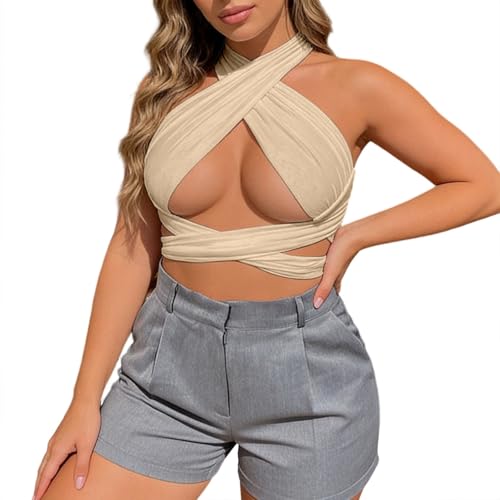 Generisch Top corto con cortes, banda en el cuello y parte superior sin espalda, camiseta de tirantes informal, sin mangas, beige, L