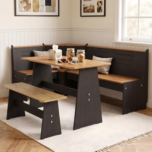 Image of Breakfast Nook Table Set Corner Dining Table Set for 4-6 People, Solid Wood L Shaped Kitchen Nook Dining Set, Space Saving, Booth Seating with Bench for Small Spaces, Black