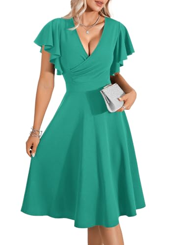 Image of LYANER Women's Warp V Neck Ruffle Short Sleeve A Line Swing Flared Cocktail Party Midi Dress