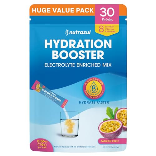 nutrazul Hydration Booster, Electrolytes Powder Sticks with Sodium, Potassium, Vitamin B6 & B12, No Artificial Sweeteners, Passion Fruit Flavor, 30 Sticks