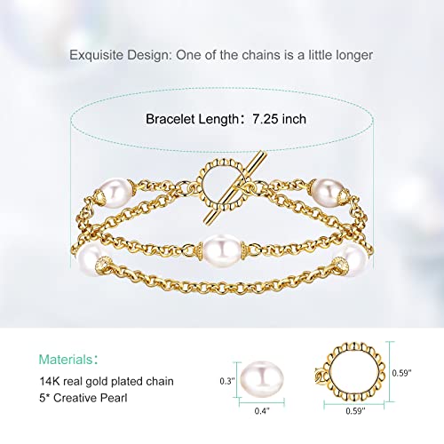 Gold Double Layered Pearl Bracelets for Women, 14K Real Yellow Gold Plated Dainty Pearls Bracelet4