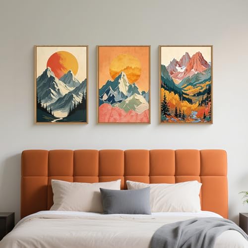 HPNIUB Juego de arte de lienzo enmarcado para pared, pintura abstracta del bosque, decoración de pared de sol de paisaje bohemio, bonita obra de arte de río de pastizales para sala de estar
