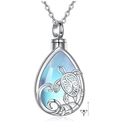 ONEFINITY Moonstone Turtle Urn Necklace for Ashes Sterling Silver Turtle Cremation Jewelry for Ashes of Loved Ones Keepsake Jewelry Cover