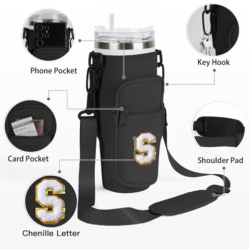 Image of Water Bottle Carrier Bag with Phone Pocket for Stanley 40oz Tumbler,Glitter Initial Sport Water Bottle Holder Sling Pouch with Adjustable Strap for Stanley Cup Accessories (Black V)