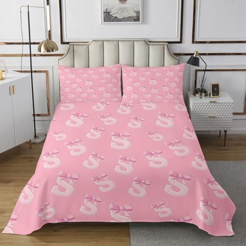 jejeloiu Pink Bow Bedspread,Twin Size,Personalized Letter S Coverlet Set for Kids Boys Girls,Cute Coquette Bow Knot Quilted Coverlet,Initial S Bedspread Cover Bedroom Decor,Monogrammed