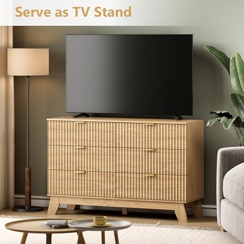 Image of Wodeer 6 Drawer Fluted Dresser for Bedroom, Mid Century Modern Wooden Dresser with 6 Drawers, Dressers & Chests of Drawers with Metal Handle, TV Stand & Storage Organizer for Entryway, Hallway, Oak
