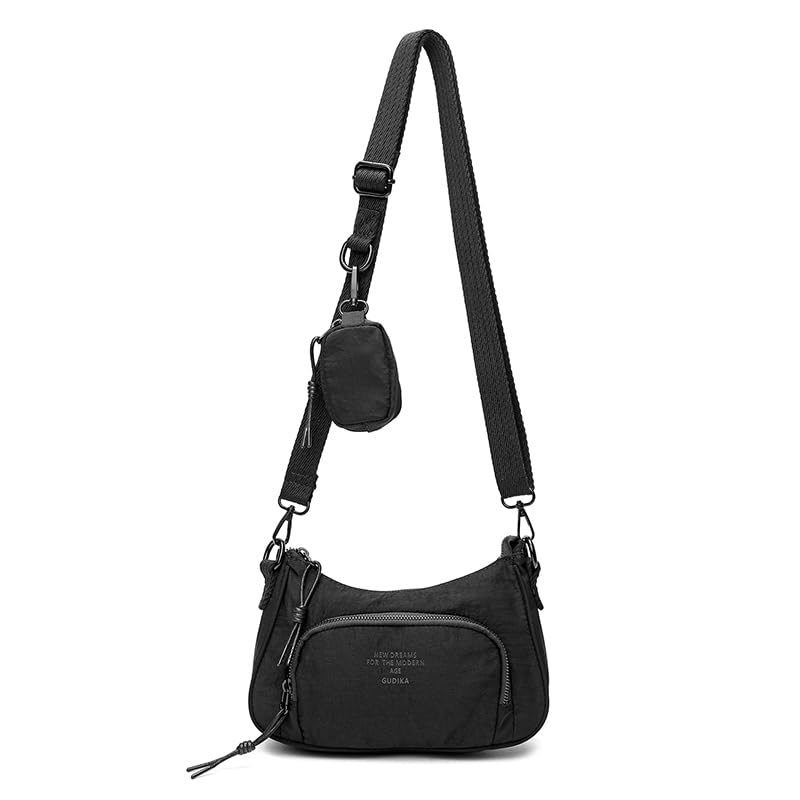 Gudika 66105 Unisex Multi-Purpose Light-weight Canvas Nylon Small Casual Shoulder Bag Cross-body Bag with External Pouch (Black)