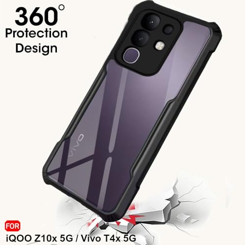 Image of TheGiftKart Back Cover Case for iQOO Z10x 5G / Vivo T4x 5G | Shockproof Crystal Clear Transparent Back | 360 Degree Protection | iQOO Z10x 5G / Vivo T4x 5G Back Cover (PC & TPU, Black Bumper)