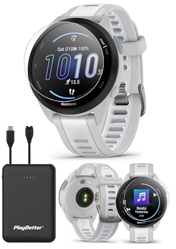 PlayBetter Garmin Forerunner 165 Music (Mist Gray/Whitestone) Running GPS Smartwatch Bundle - Pantalla táctil AMOLED, batería de 11 días, entrenamiento y recuperación, incluye protectores de pantalla