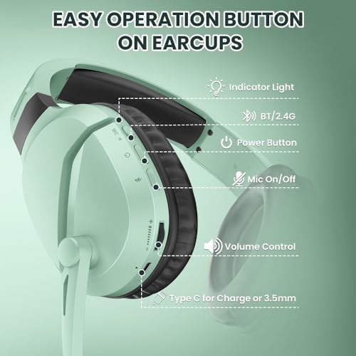 Image of Wireless Gaming Headset with Noise Canceling Microphone for PS5, PC, PS4, 2.4G /Bluetooth Gaming Headphones with USB and Type-c Connector, Wired Mode for Controller (Green)