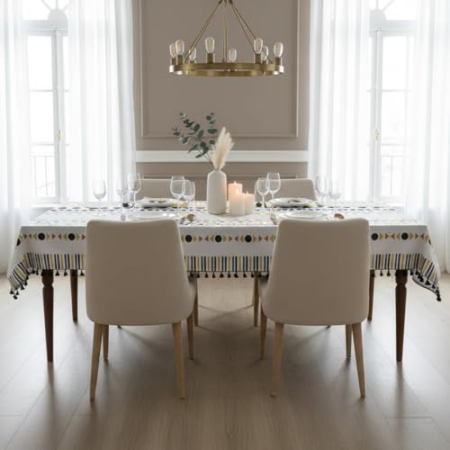 Image of HOMEMONDE Cotton Premium Dining Table Cover 101 X 152 CM Geometric Printed Table Cloth For 4 Seater With Tassels, Rectangular Centre Table Cover - Yellow Santo
