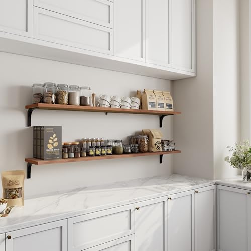 Image of 12 Inch Deep Floating Shelves Set of 2, 60 Inch Extra Wide Brown Solid Wood Wall Shelves, 5ft Heavy Duty Farmhouse Wall Mounted Shelving for Kitchen, Living Room & Bedroom