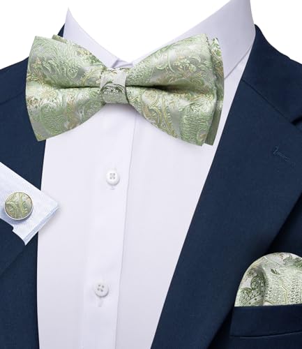 Image of YOHOWA Paisley Striped Men Bow Tie Pre-Tied Formal Adjustable Colorful Bowties Handkerchief Cufflinks Set Wedding Party