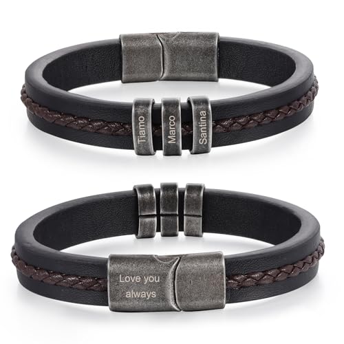 Bracelet homme personnalisé cuir perlé gravure prénom cadeau famille