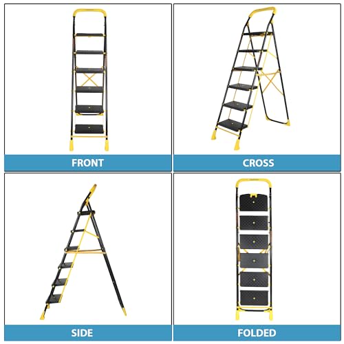 Image of Parasnath 6-Step Yellow Diamond Steel Foldable Ladder | Wide Anti-Skid Plastic Steps for Extra Grip, 6.2 FT Step Ladder, 6-Year Manufacturer Warranty, Made in India