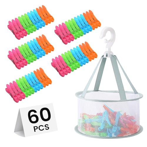 60 Stück Wäscheklammern mit Korb klammerkorb zum aufhängen Windfeste Wäscheklammern Ohne Abdruck Atmungsaktives Mesh klammerkorb für wäscheklammer sockenklammern für Wäscheleinen Kleidung Camping