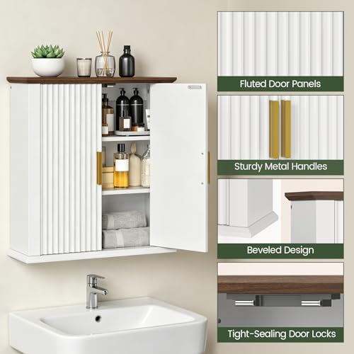 Armario de baño empotrado en pared CHOEZON, armario para medicamentos, armario de baño acanalado con estantes ajustables, armario de almacenamiento de estilo granjero para baño, cocina y lavandería, blanco y nogal miniatura 5