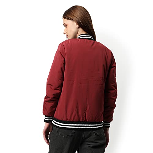 Image of Campus Sutra Women Red Puffer Regular Fit Bomber Jacket For Winter Wear | Low-Cut Standing Collar | Full Sleeve | Zipper | Casual Jacket For Woman & Girl | Western Stylish Jacket For Women