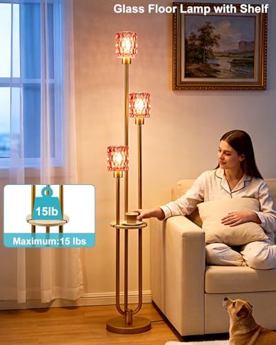 Image of 62IN Gold Floor Lamp with Deep Red Glass Shade 3-Lights Mid-Century Modern Farmhouse Floor Lamps with 3000K Warm White Bulbs, Tall Standing Lamp with 5Lbs Heavy Base for Living Room /Bedroom