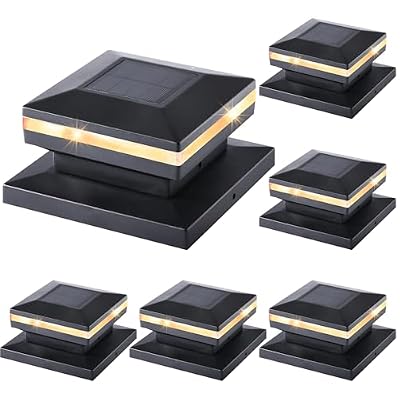Dynaming 6 Pack Solar Post Cap Lights, Outdoor Decorative Solar Lights Black Shell Caps Fit 4x4 5x5 6x6 Vinyl/Wooden Posts, Brightness Warm White LED Lighting for Garden Fence Deck Patio