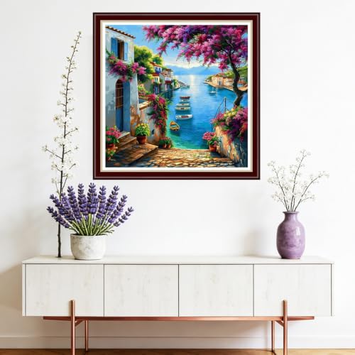 Image of Fanxvivy Stamped Cross Stitch Kits for Beginners Full Range of Cross Stitching Preprinted Embroidery Kits for Adults, 11CT Embroidery Pattern Needlepoint Kits-Seaside Scenery 18x18 inchs