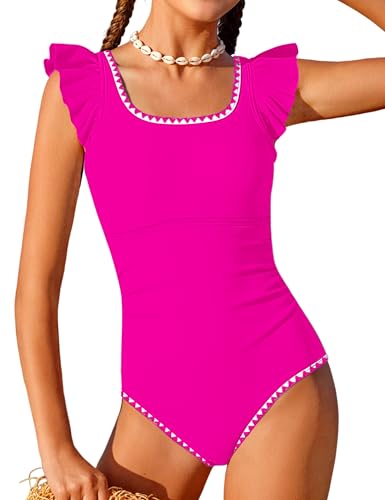 Image of Girls Swimsuit Ruffled Square Neck Color Contrast Trim One Piece Bathing Suit Geometric Girls' Swimwear 9-16Y