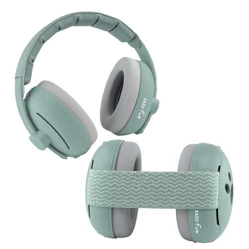 ZAZU Ensemble de serre-tête et bandeau de protection auditive pour enfants Protection contre le bruit pour bébés et tout-petits de 0 à 48 mois Doux, réglable et réglable en couleurs (Vert)