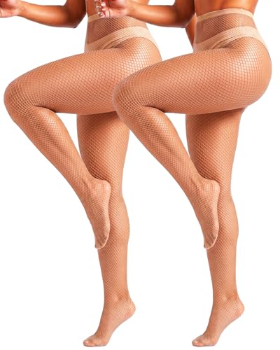 ZINTEDI 2 Pairs Womens Fishnet Stockings High Waist Tights Fishnets Fishnet Tights for Women (Nude 2x)