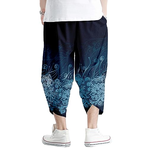 Image of DOSLAVIDA Men's Japanese Kimono Cardigan Suit Chinese Style Printed Jacket Pants Set Open Front Seven Sleeve Top & Shorts