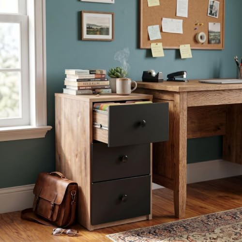 Image of FFO Wooden Filing Cabinet with 3 Drawers, Office File Storage Cabinet, Compact Document Organizer for Home Office, Study Room & Bedroom, Oak & Black (DIY).