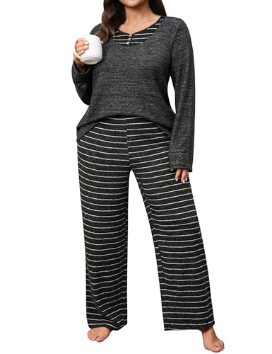 Blooming Jelly Womens Plus Size Pajamas Color Block Pajama Sets Button Down Lounge Sets 2 Piece V Neck Long Sleeve Pj