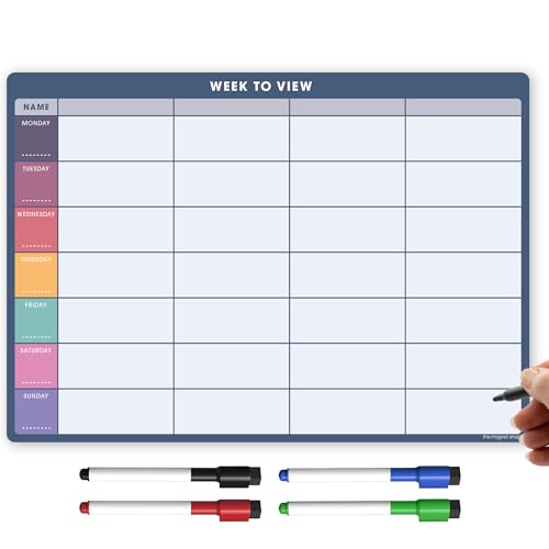 TMS A4 Magnetic Weekly Planner Whiteboard for Fridge | Dry Wipe Meal Planner Calendar or Memo Board | Plan Family or Business Tasks | Dry Erase to Do List Magnet | with 4 Dry Erase Pens [30 x 21cm]