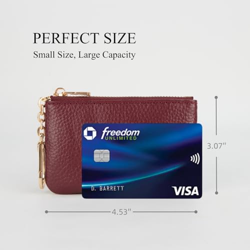Image of Full Grain Leather Coin Purse with Key Chain - Small Change Purse Keychain Card Holder Keychain Pouch Small Keychain Wallet for Women and Men (Burgundy)