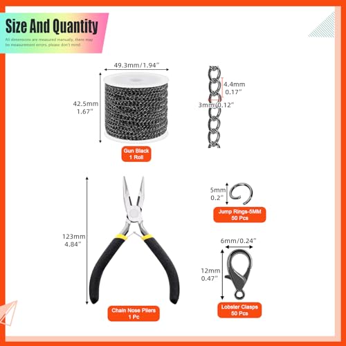 Tanstic 102Pcs 30 Feet Jewelry Making Chains Necklace Chains Bulk Cable Link Chain with 50Pcs Jump Rings, 50Pcs Lobster Clasps, Pliers for Bracelet Necklace Making(Gun Black) - Image 2