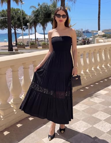 Image of ZESICA Women's 2026 Summer Boho Maxi Dresses Strapless Off Shoulder Lace Flowy A Line Beach Vacation Long Sundress