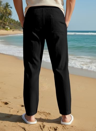 Image of Men's Linen Drawstring Pants, Casual Beach Trousers, Lightweight Breathable