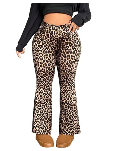GORGLITTER Women's Plus Leopard Cheetah Print Wrap Pants Y2k Elastic Waist Flare Leg Skinny Trousers