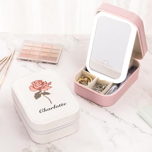 CALLIE Travel Jewelry Organizer - Personalized Birth Flower Leather Jewelry Case with Mirror, Gifts for Her