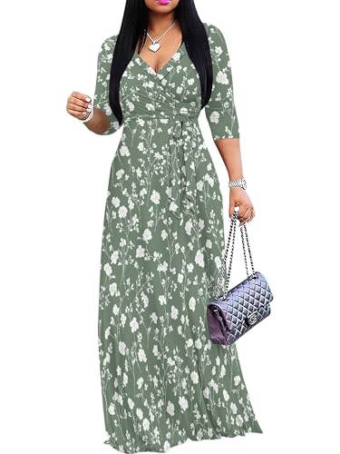 Image of SUZONANA Plus Size Dresses for Women Floral Print Maxi Dress Flowy 3 /4 Sleeve with Belt