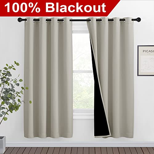 Image of NICETOWN 100% Blackout Window Curtain Panels, Full Light Blocking Drapes with Black Liner for Nursery, 72-inch Drop Thermal Insulated Draperies (Natural, 2 Pieces, 46-inch Wide Per Panel)