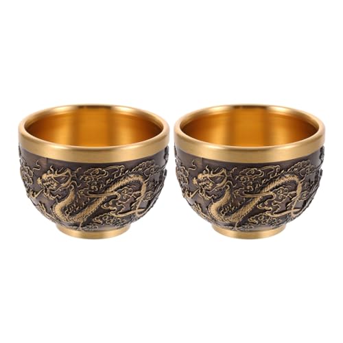 LOGOFUN 2pcs Kung Fu Teacups Chinese Copper Cup Vintage Dragon Pattern Tasting Mugs Chinese Embossed Tablewear for Home Office Supplies