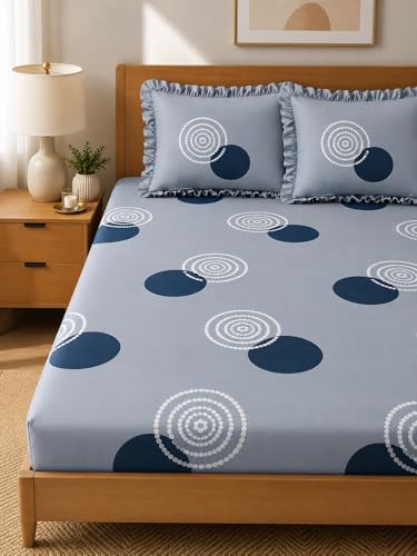Image of 380 TC Premium Glace Cotton Elastic Fitted Bedsheet King Size with 2 Pillow Covers King Size | Double Bed with All Around Elastic (Grey Gola, Fitted - Double72x72)