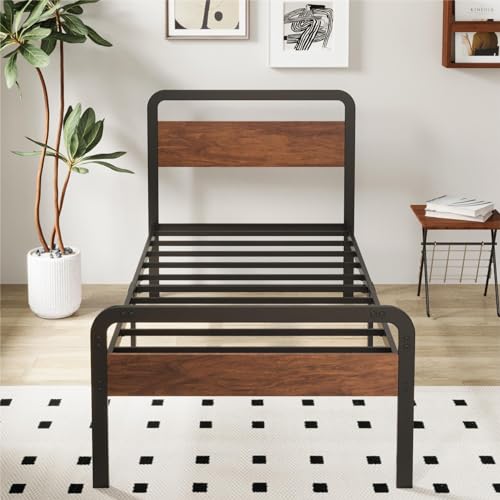 Image of Richwanone 14 Inch Twin XL Bed Frame with Wood Headboard and Footboard, Metal Platform Frame with Steel Slat Support, No Box Spring Needed, Easy Assembly, Black