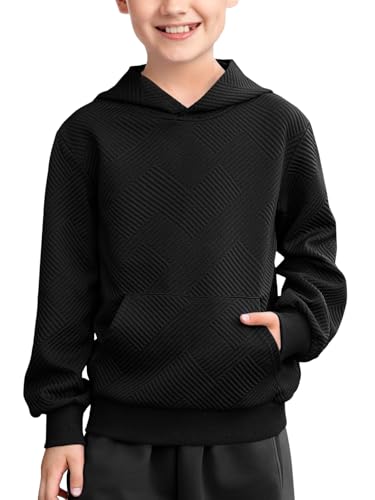 Haloumoning Boys Fashion Texture Hoodies Kids Hooded Long Sleeve Pullover Sweatshirts with Pocket 5-14 years Black